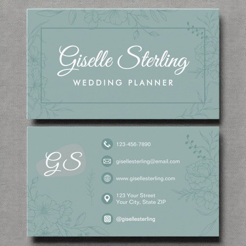 Wedding Planner Teal Floral Line Art Script Business Card