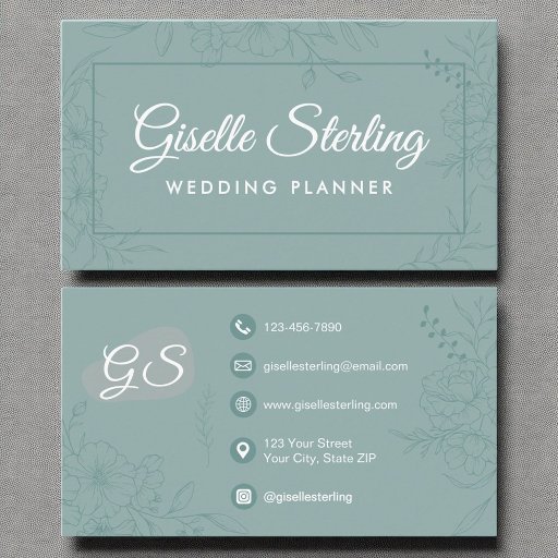 Customizable Wedding Planner Teal Floral Line Art Script Business Card