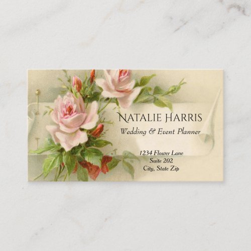 Wedding Planner Vintage Pink Roses Elegant Business Card