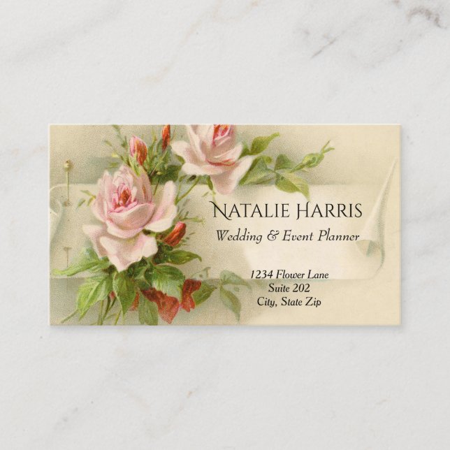 Wedding Planner Vintage Pink Roses Elegant Business Card (Front)