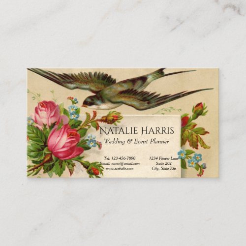 Wedding Planner Vintage Red Roses Bluebird Business Card