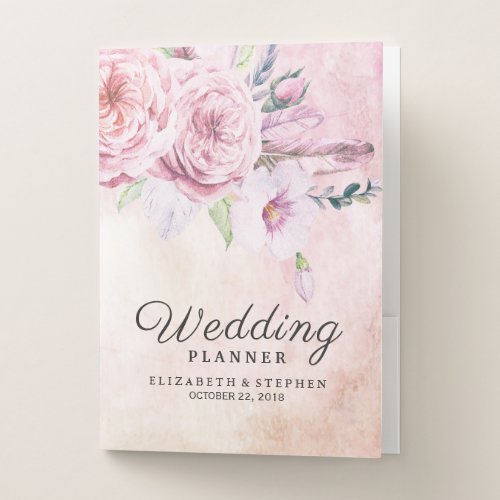 Wedding Planner Watercolor Boho Floral  Feathers Pocket Folder