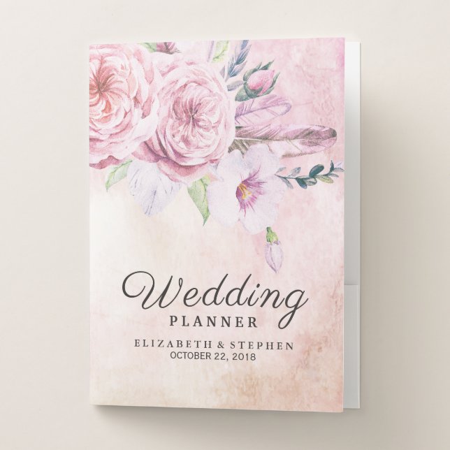 Wedding Planner Watercolor Boho Floral & Feathers Pocket Folder (Front)