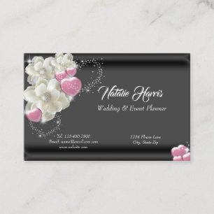 Wedding Planner White Roses Pink Hearts Sparkle Business Card