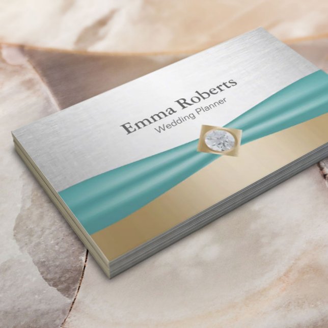 Wedding Planning Teal Ribbon Modern Silver & Gold Business Card (Creator Uploaded)