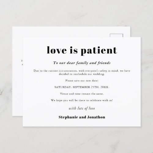 Wedding Postpone Love Is Patient Save New Date Announcement Postcard