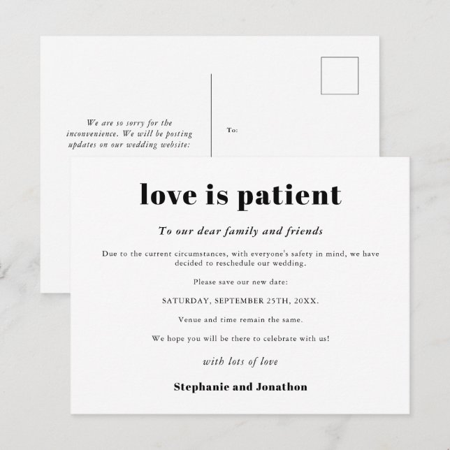 Wedding Postpone Love Is Patient Save New Date Announcement Postcard (Front/Back)