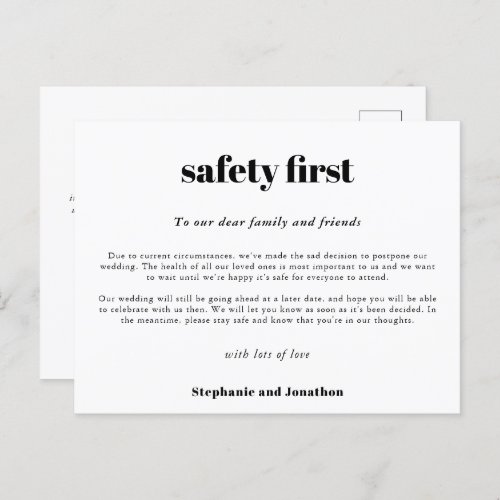Wedding Postpone Safety First COVID Script White Announcement Postcard