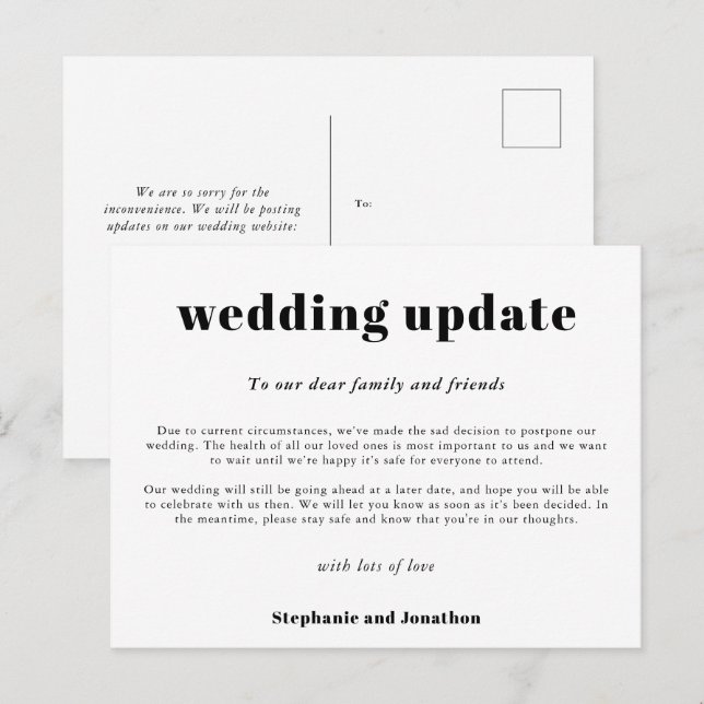 Wedding Postpone  Update Typographical Black White Announcement Postcard (Front/Back)