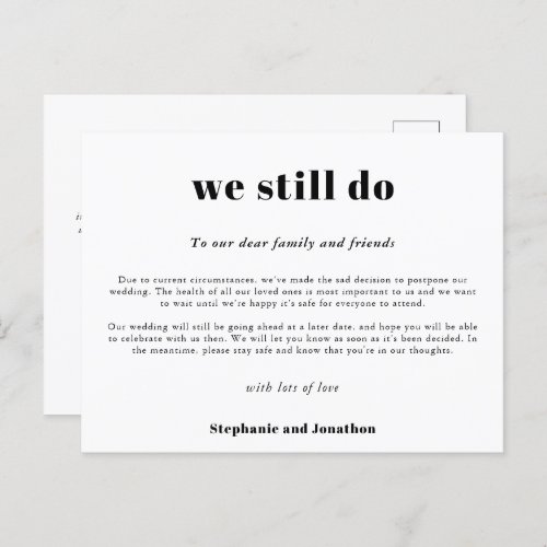 Wedding Postpone We Still Do COVID Script White Announcement Postcard