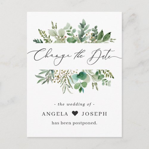 Wedding Postponed Announcement Change the Date Postcard - Event Postponed Announcement Template - Change the Date Greenery Eucalyptus Leaves Postcard. 
(1) For further customization, please click the "customize further" link and use our design tool to modify this template.
(2) If you need help or matching items, please contact me.