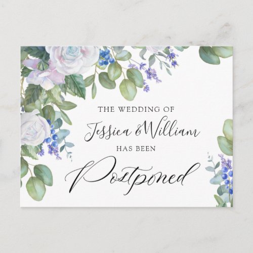 Wedding Postponed Date Elegant Blue Roses Postcard