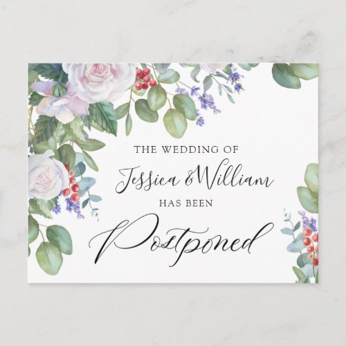 Wedding Postponed Date Elegant Blue Roses Postcard