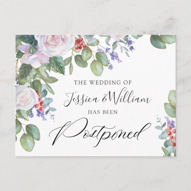Wedding Postponed Date Elegant Blue Roses Postcard (Front)