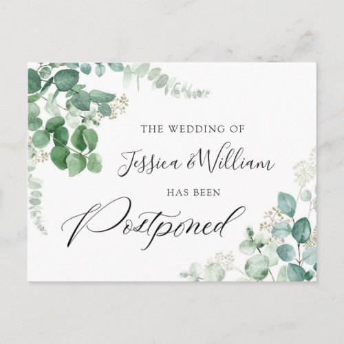 Wedding Postponed Date Elegant Eucalyptus Foliage Postcard