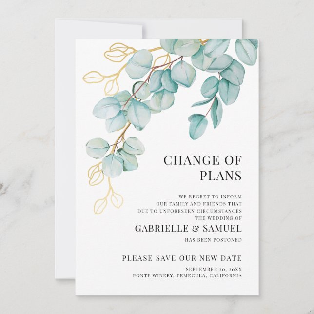 Wedding Postponed Elegant Teal and Gold Eucalyptus Announcement (Front)