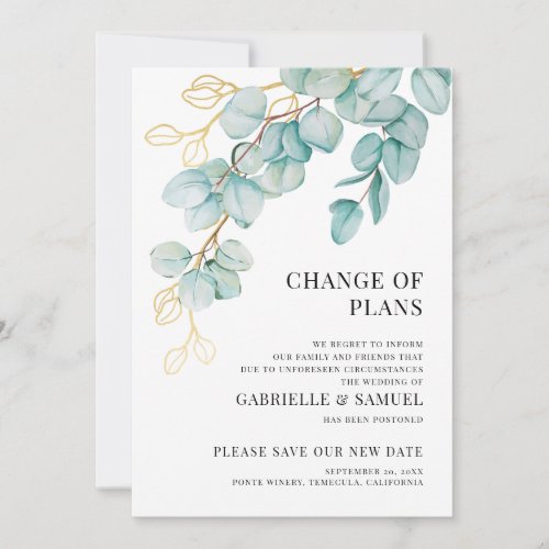 Wedding Postponed Elegant Teal and Gold Eucalyptus Announcement