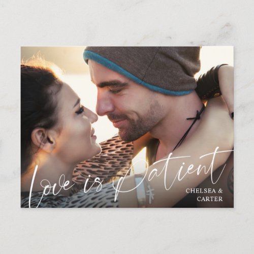 Wedding Postponed LOVE IS PATIENT Script Photo Postcard