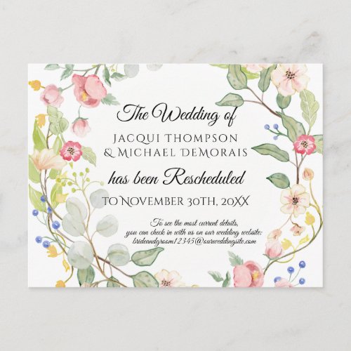 Wedding Postponed Rescheduled Watercolor Floral Postcard