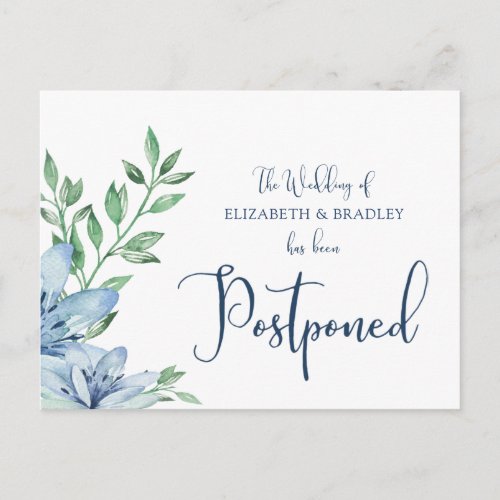 Wedding Postponed Watercolor Blue Blooms Postcard