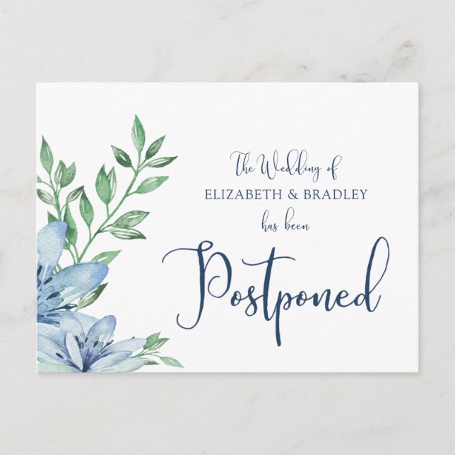 Wedding Postponed Watercolor Blue Blooms Postcard (Front)