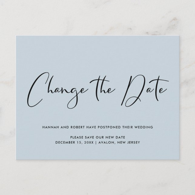 Wedding Postponement Change of Date Dusty Blue Announcement Postcard (Front)