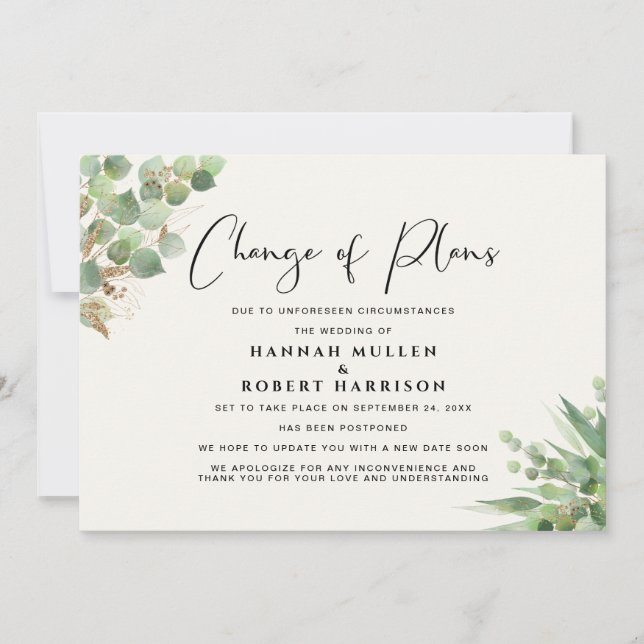 Wedding Postponement Change Plans Eucalyptus Cream Announcement (Front)