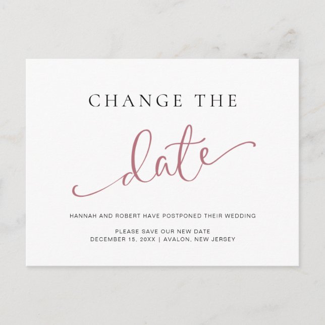 Wedding Postponement Change the Date Rose Black Announcement Postcard (Front)