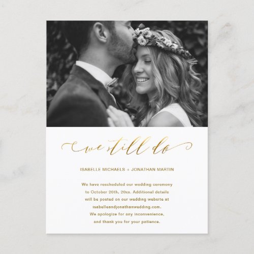 Wedding Postponement Faux Gold We Still Do Photo Announcement Postcard