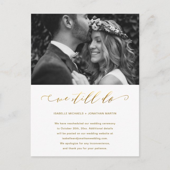 Wedding Postponement Faux Gold We Still Do Photo Announcement Postcard (Front)