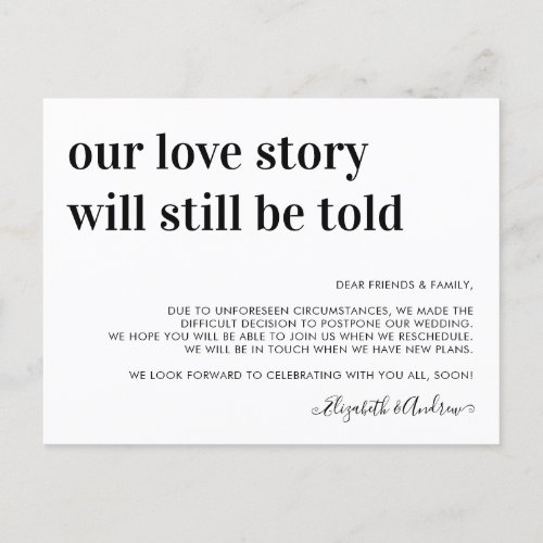 Wedding Postponement Love Story Will Still Be Told Announcement Postcard