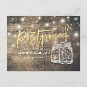 Wedding Postponement Mason Jars String Lights Wood Announcement Postcard