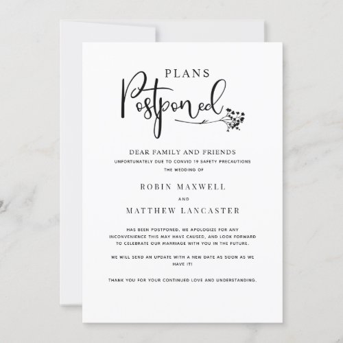 Wedding Postponement Modern Simple Announcement