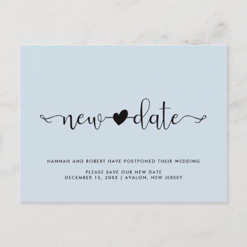 Wedding Postponement New Date Heart Dusty Blue Announcement Postcard