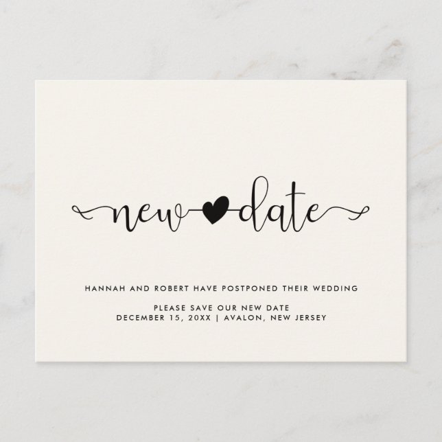 Wedding Postponement New Date & Heart Light Cream Announcement Postcard (Front)