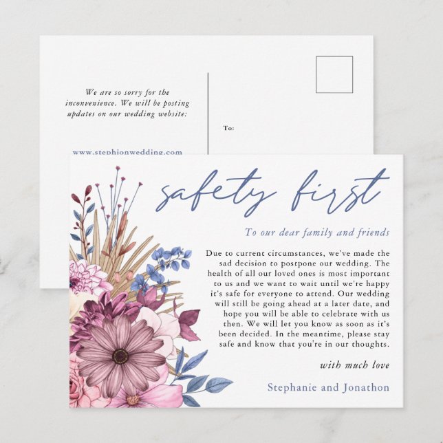 Wedding Postponement Safety First COVID Florals Announcement Postcard (Front/Back)