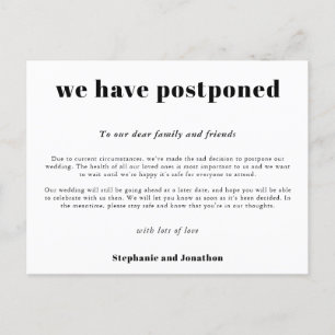 Wedding Postponement Simple Typographical White Announcement Postcard