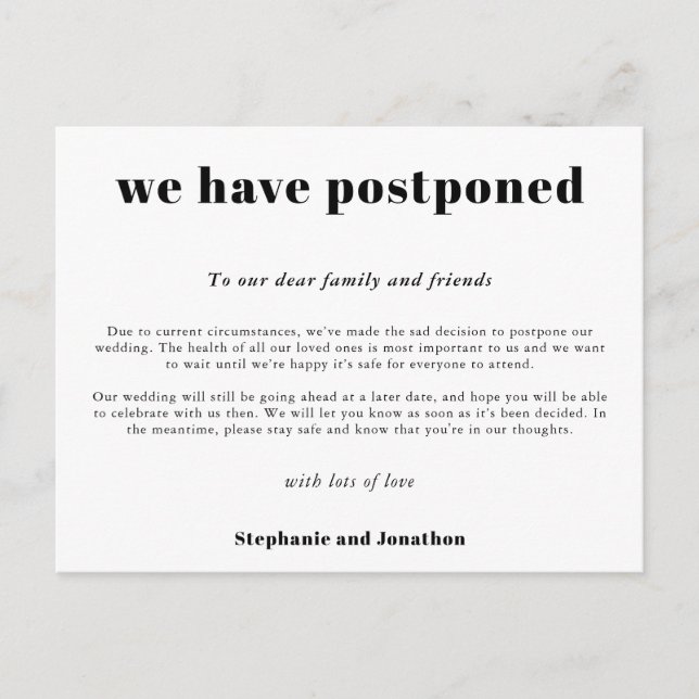 Wedding Postponement Simple Typographical White Announcement Postcard (Front)