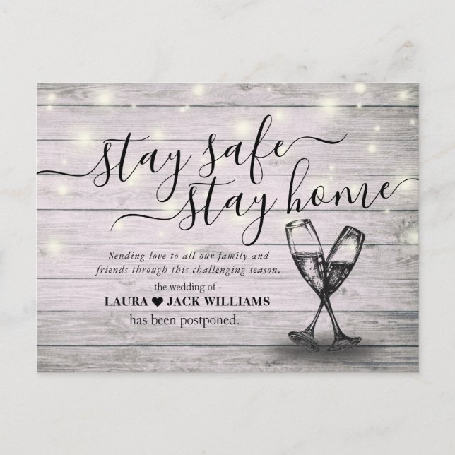 Wedding Postponement Stay Home Stay Safe Champagne Announcement Postcard (Front)