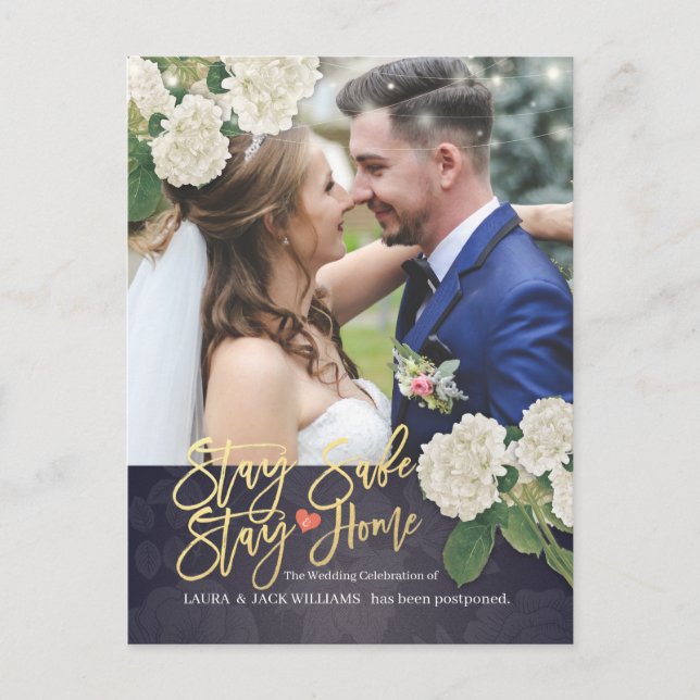 Wedding Postponement Stay Home Stay Safe Hydrangea Announcement Postcard (Front)