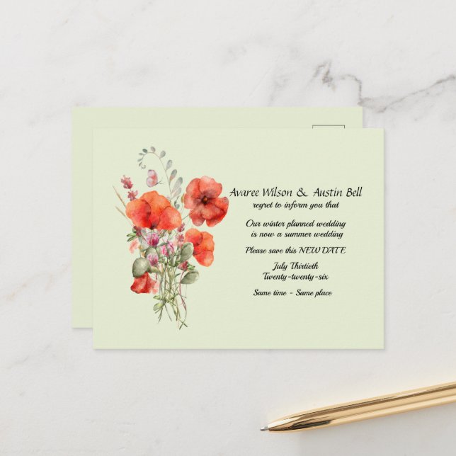 Wedding Postponement Summer Colors Announcement Postcard (Front/Back In Situ)