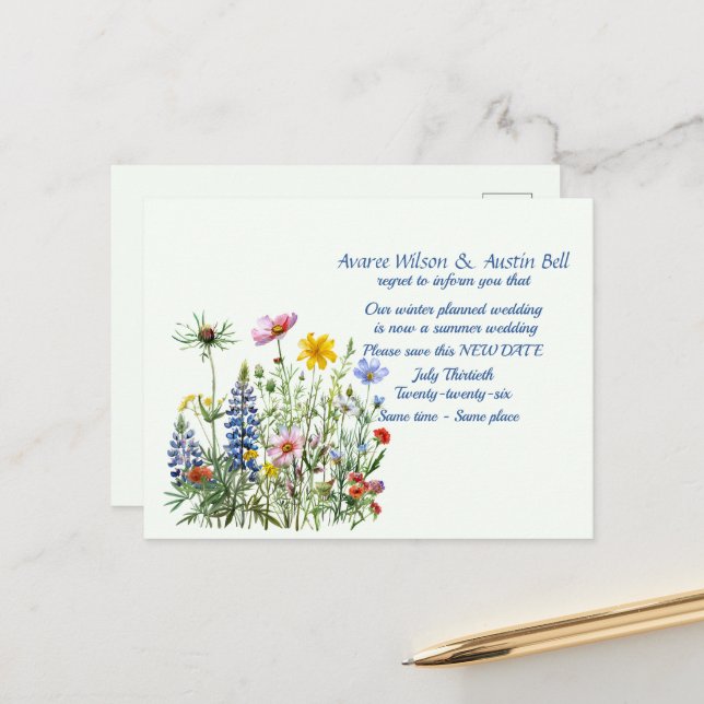 Wedding Postponement Summer Colors Announcement Postcard (Front/Back In Situ)