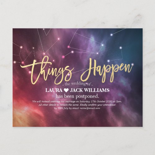 Wedding Postponement Things Happen Galaxy Nebula Announcement Postcard