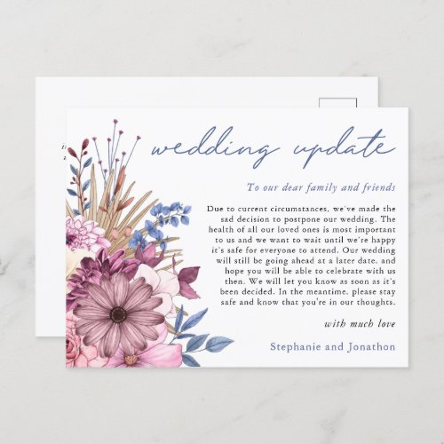 Wedding Postponement Update Modern Script Florals Announcement Postcard