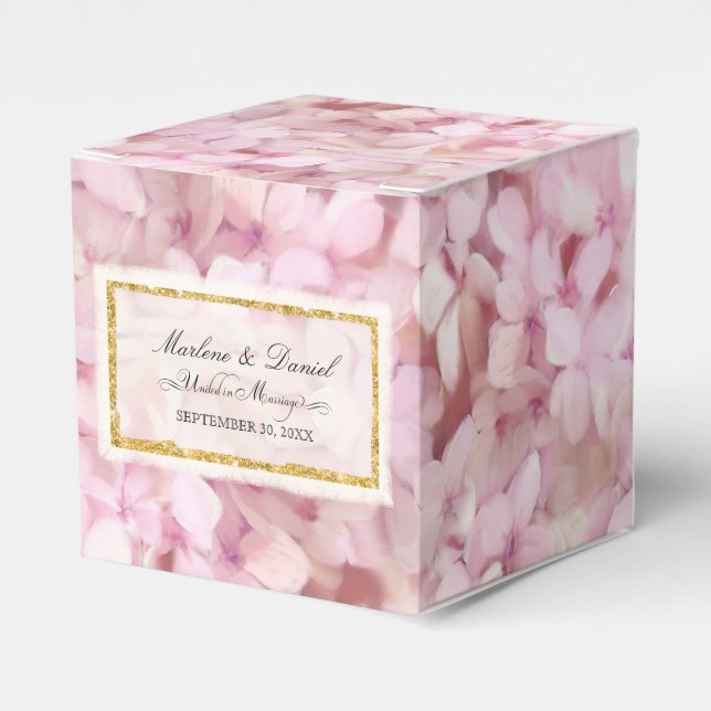Wedding Pretty Pink Faux Gold Hydrangea Floral Art Favor Boxes (Front Side)