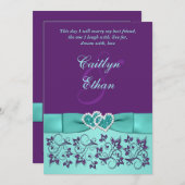 Wedding | PRINTED BOW Aqua, Purple | Floral Invitation (Front/Back)