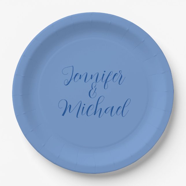 Wedding Professional Classical Blue Calligraphy Paper Plates (Front)