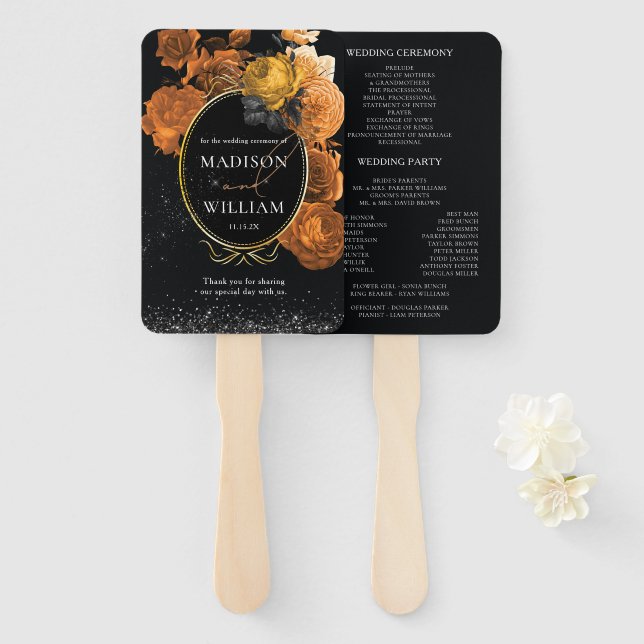 Wedding Program Black and Orange Floral  Hand Fan (Front and Back)