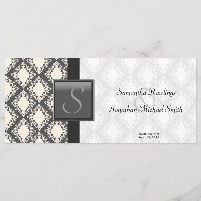 Wedding Program - Black and White Damask Monogram (Front)