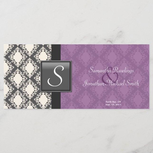 Wedding Program - Black White Damask Monogram (Front)